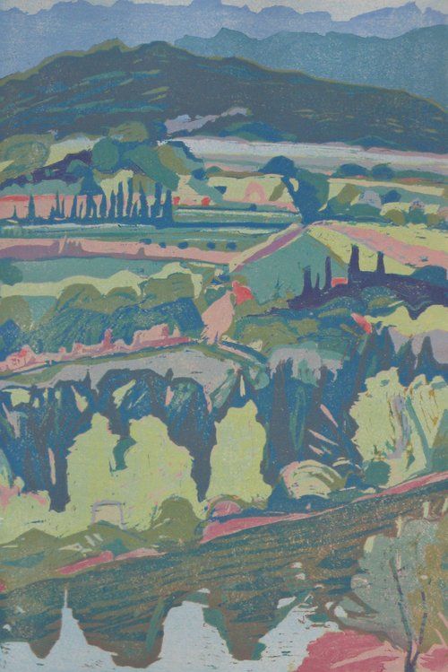 Landscape painting with colorful fields