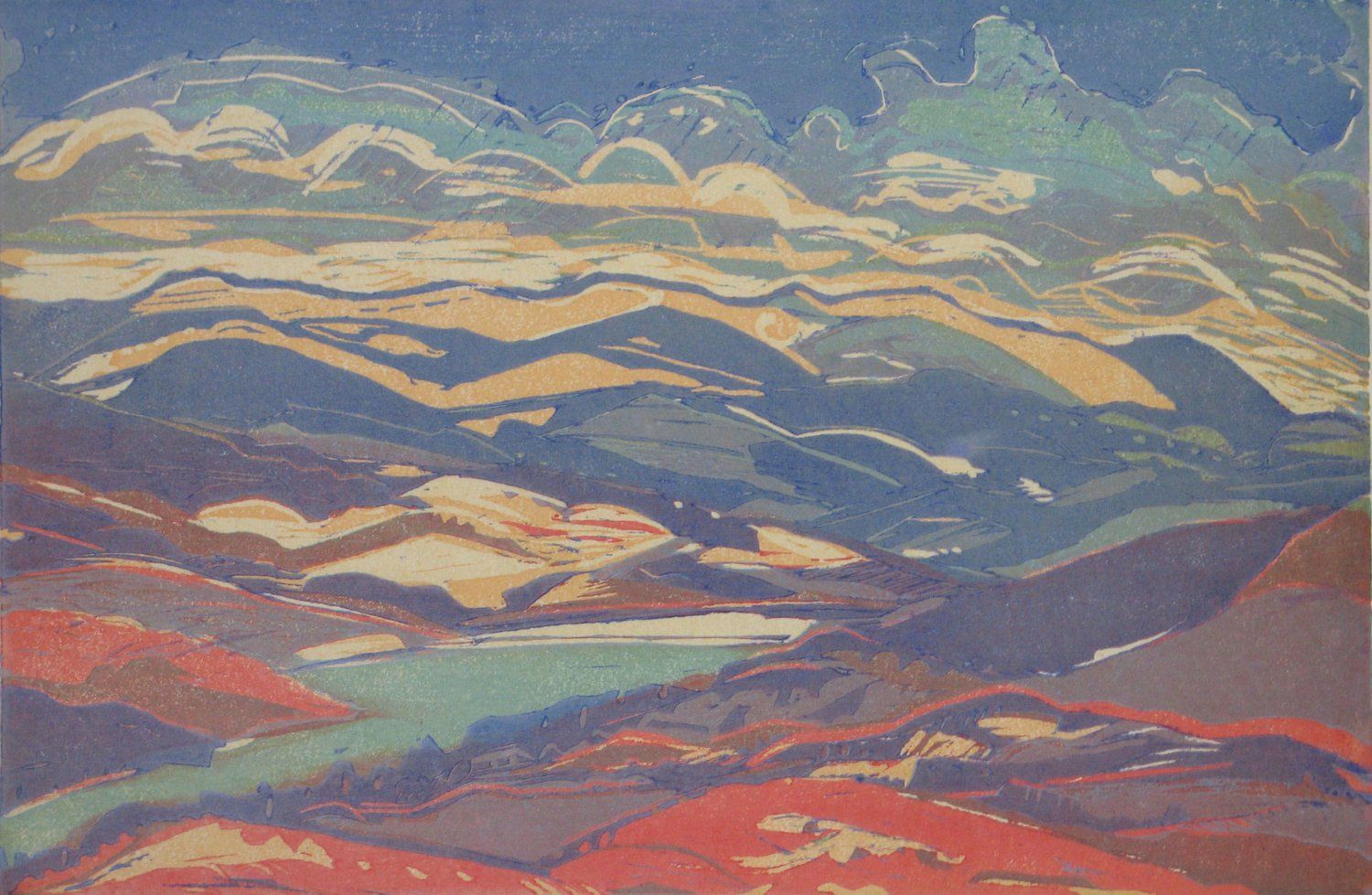 Landscape painting of rolling hills under a cloudy sky