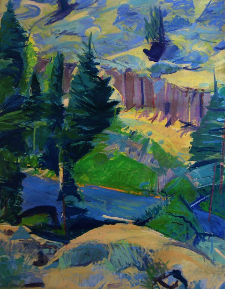 A landscape painting with trees and a road