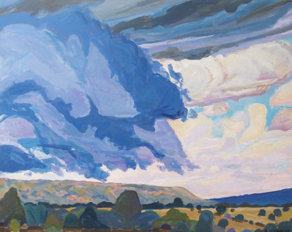 Dramatic sky with large blue clouds over a rural landscape