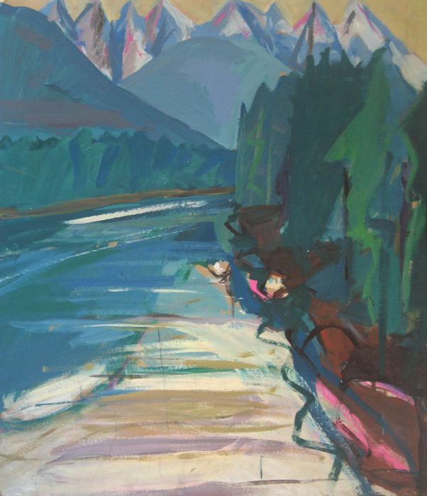 Mountain landscape painting with a blue river and green trees