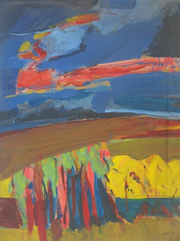 Abstract landscape painting with a red cloud and colorful fields