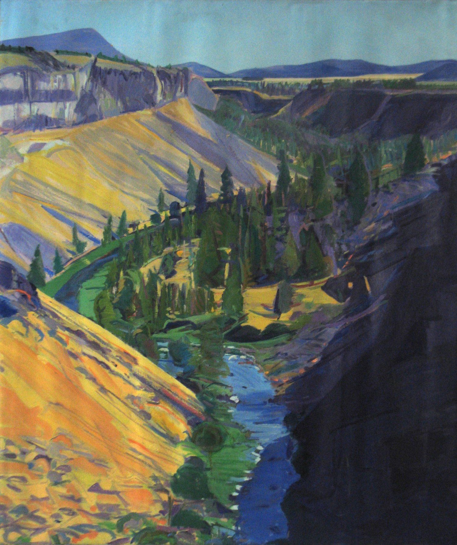Landscape painting of a canyon with a river
