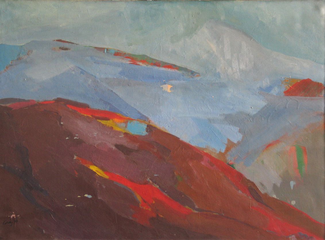 Abstract landscape painting of red-brown hills under blue sky with hazy white mountain peaks