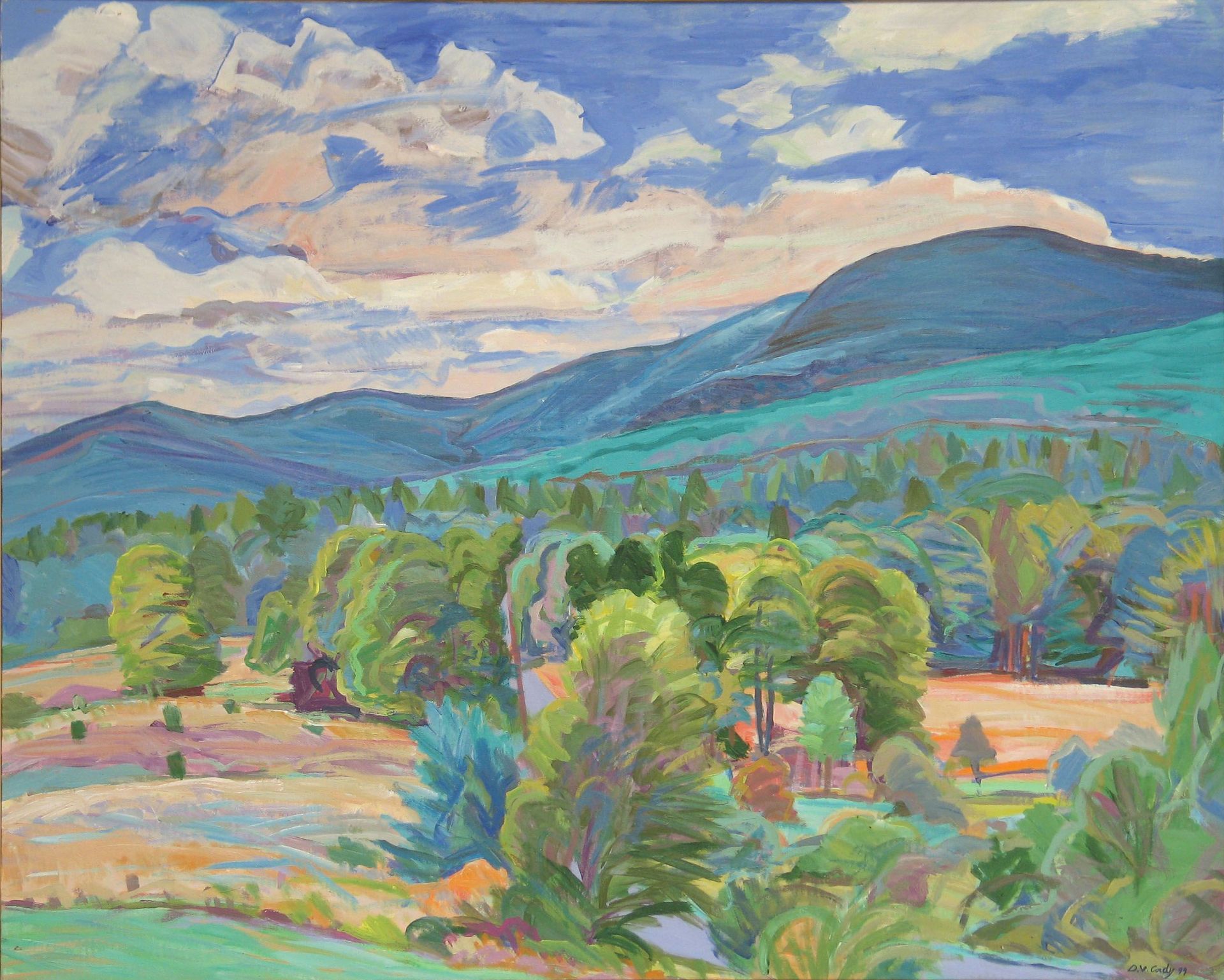 Landscape painting of mountains, trees, and fields under a blue sky with clouds