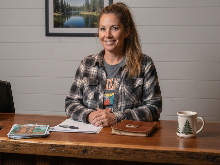 Woman smiling, seated at a desk with a notebook, mug, and papers. Wearing a flannel shirt and t-shirt.