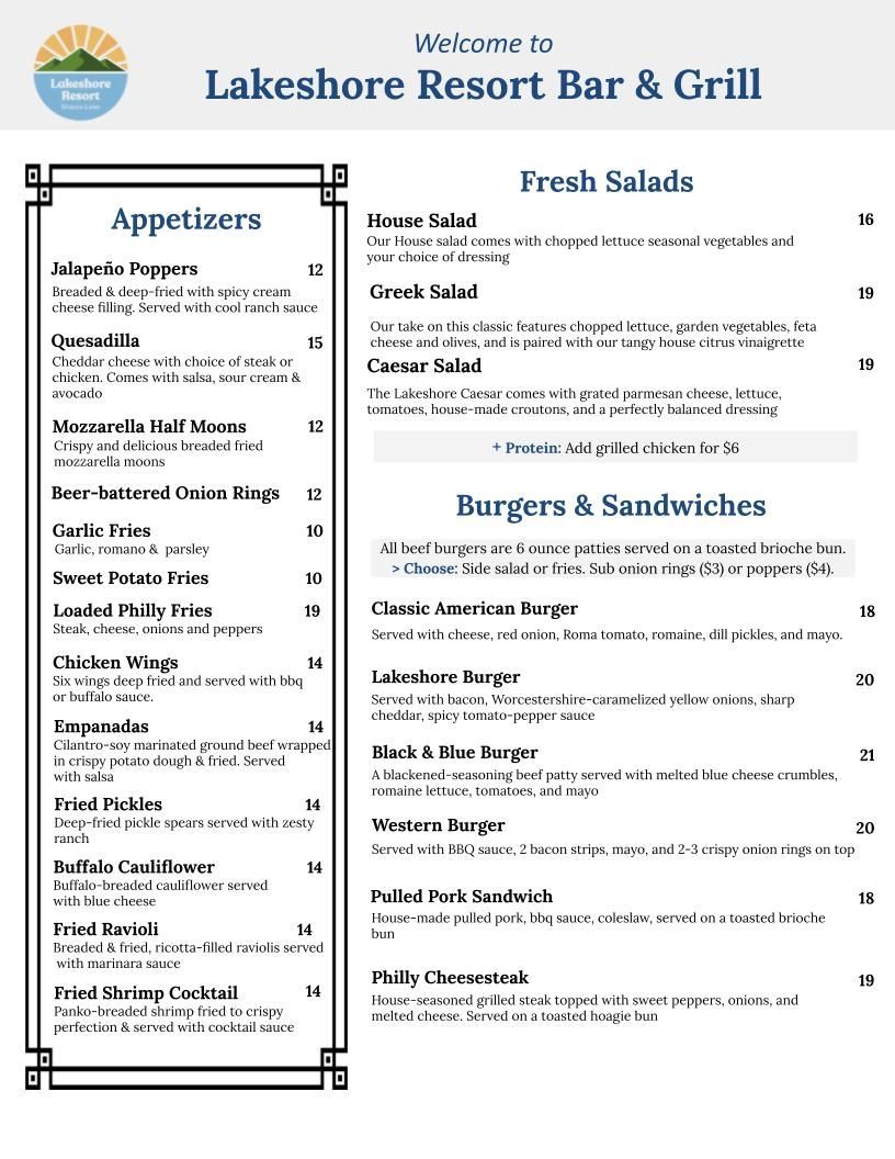 Lakeshore Bar & Grill Menu