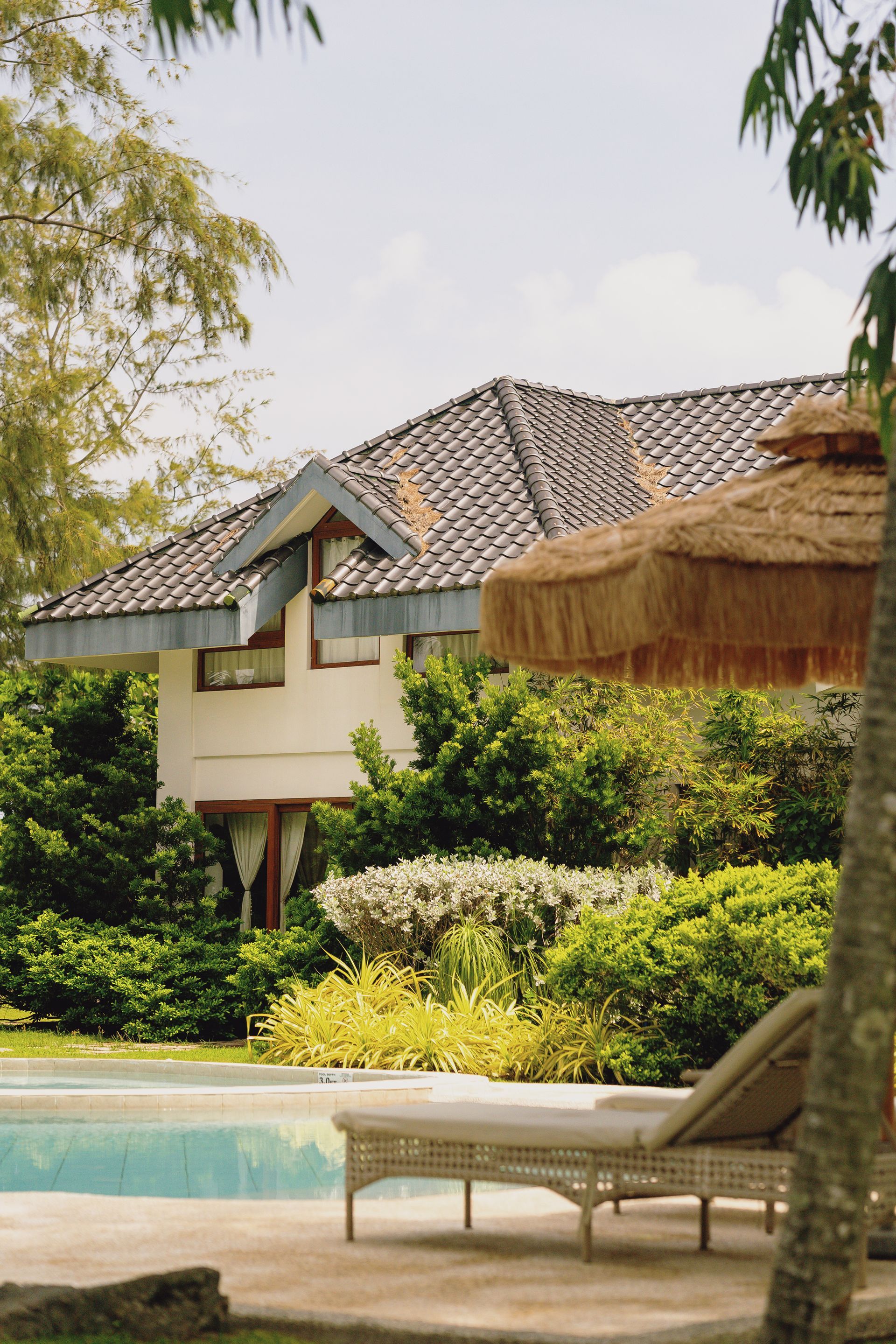 A house with a swimming pool in front of it