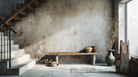 Escalier avec marches en béton et rampe en bois. Banc rustique avec poteries et vase contre un mur patiné.