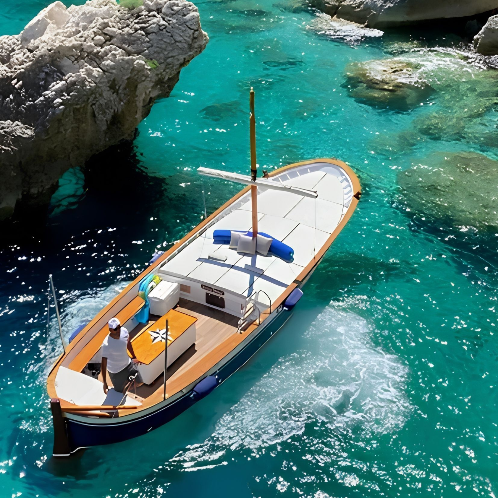 Barco privativo navegando próximo aos Faraglioni em Capri