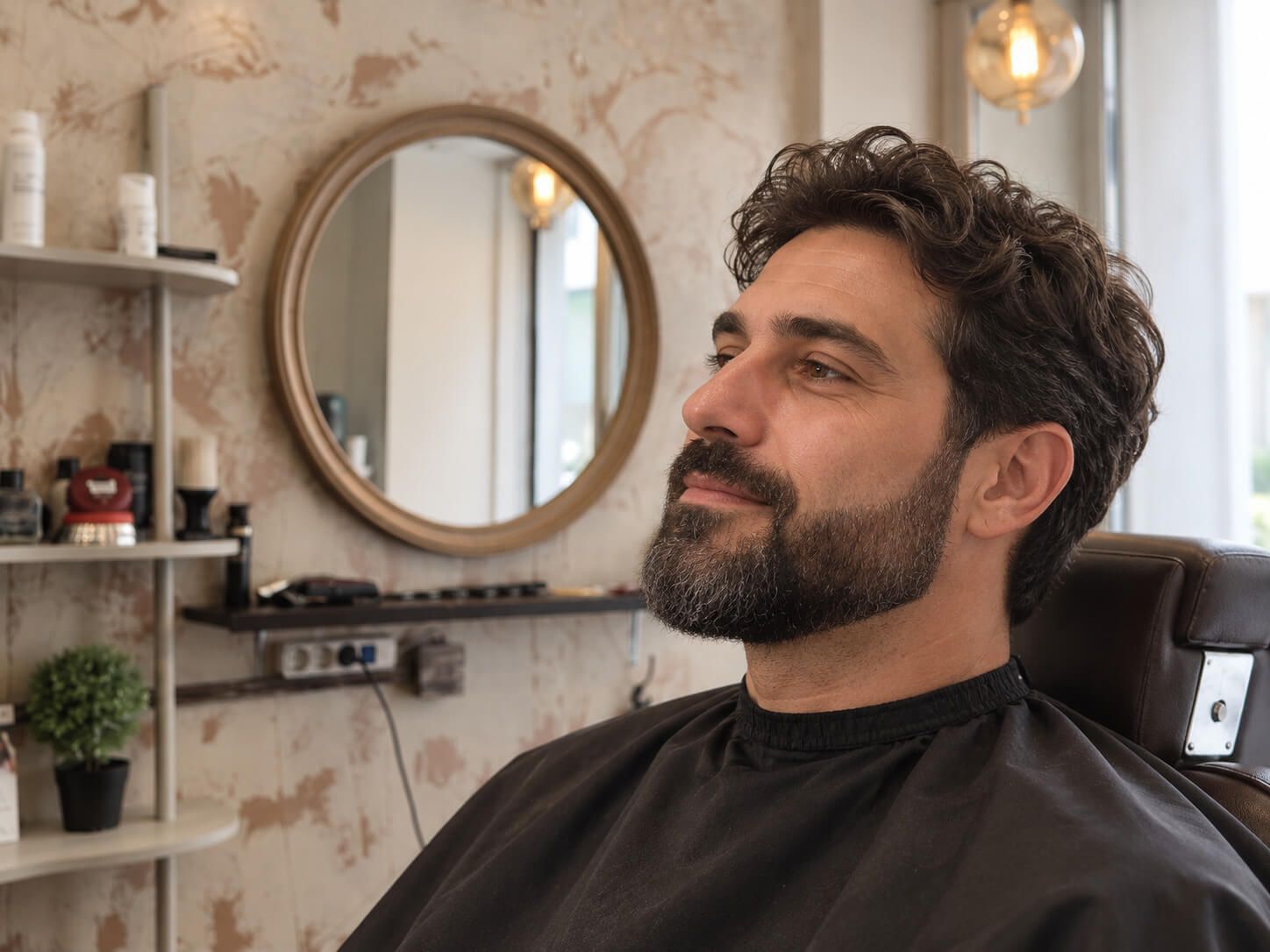 Hombre sentado en una silla de barbero, con barba oscura y un corte de pelo discreto, en un salón con iluminación tenue y un espejo redondo.