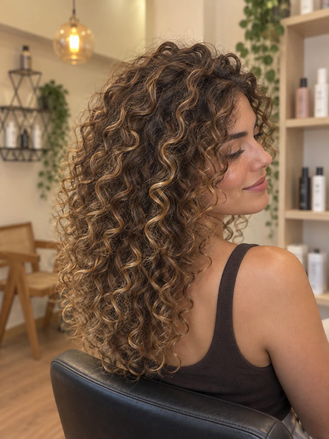 Mujer con cabello rizado sentada en una silla de peluquería, de perfil, en una peluquería con iluminación cálida.