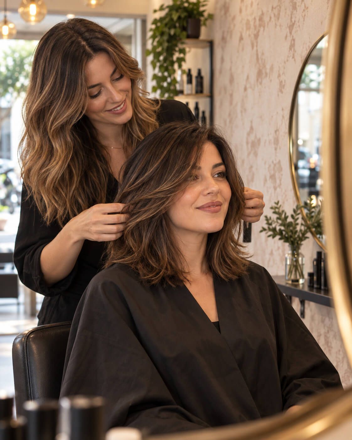 Una estilista le corta el pelo a una mujer en un salón luminoso; ambas sonríen frente a un espejo.