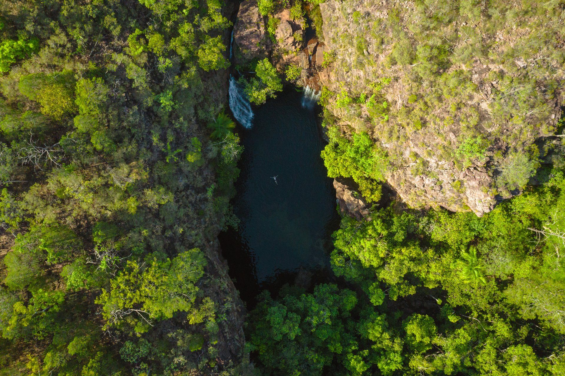 An aerial view of a lake surrounded by trees.