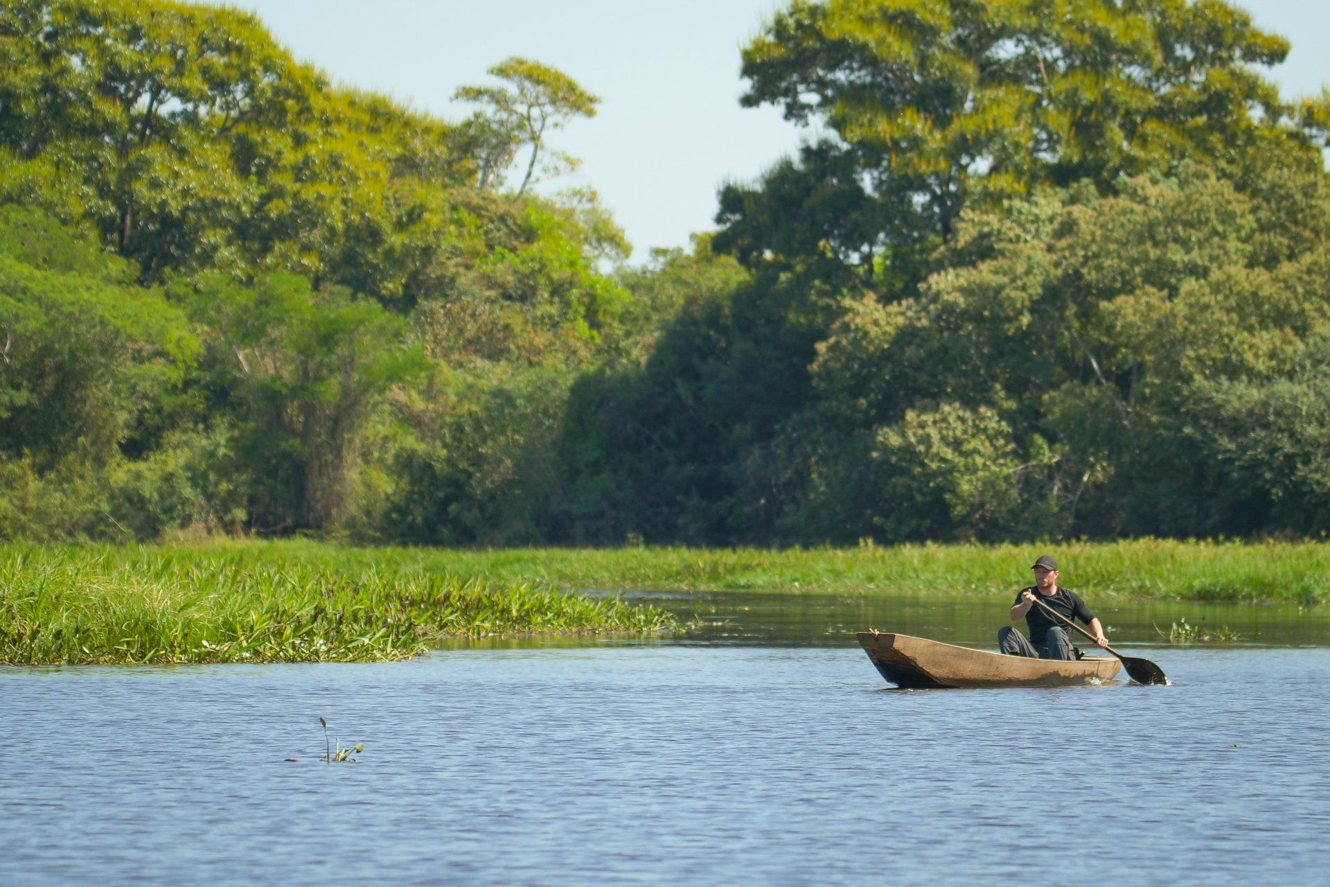 A man is rowing a boat on a lake with trees in the background.