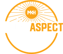 A logo for mkh aspect with a sun in the center