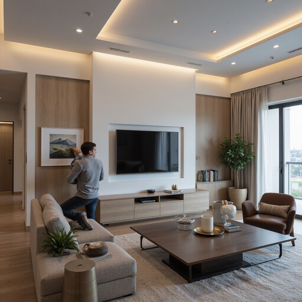 Man in living room, adjusting TV. Neutral color scheme: wood paneling, white walls, gray couch, large screen.