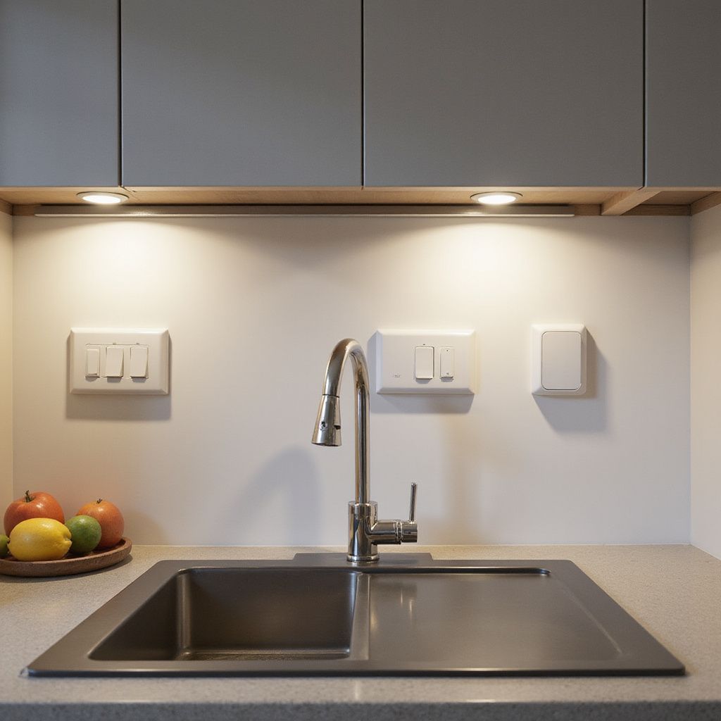 Kitchen sink with faucet, stainless steel basin, and fruit on a wooden plate, lit by under-cabinet lights.