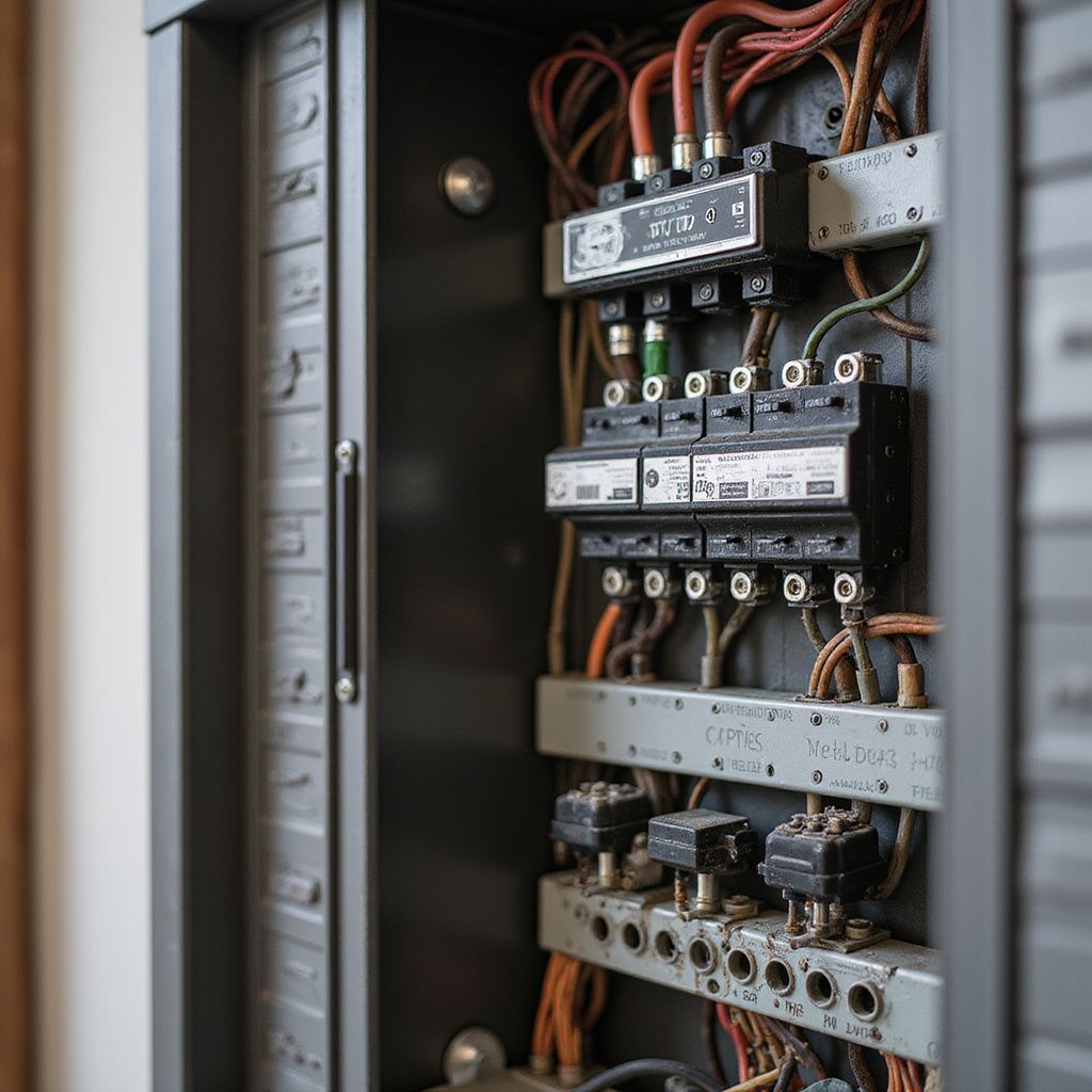 Electrical panel with wires and circuit breakers.
