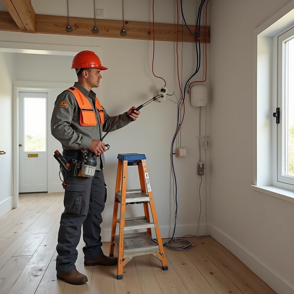 Electrician in orange vest and hard hat using tool near wiring on a white wall; room interior.