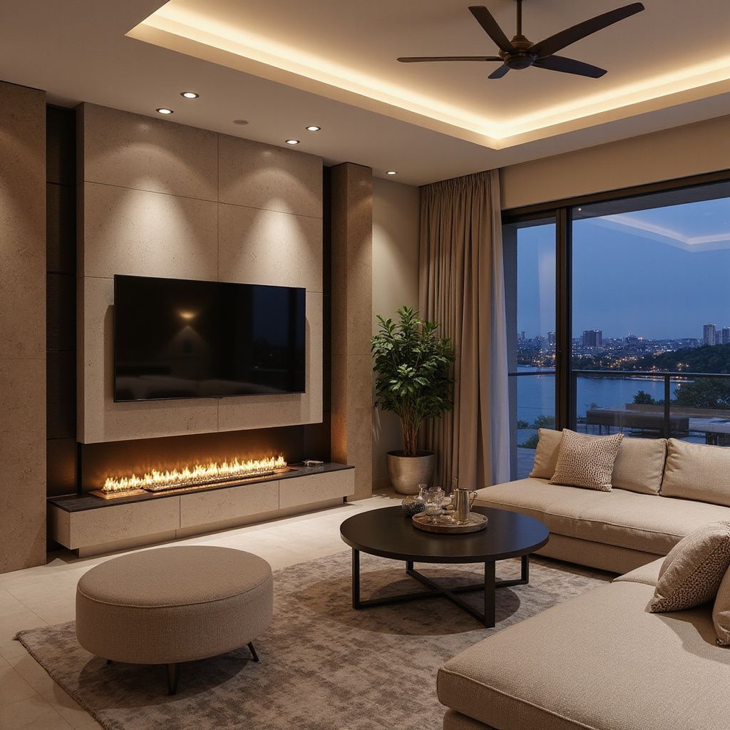 Living room with fireplace, TV, and sectional sofa; neutral tones with city view.