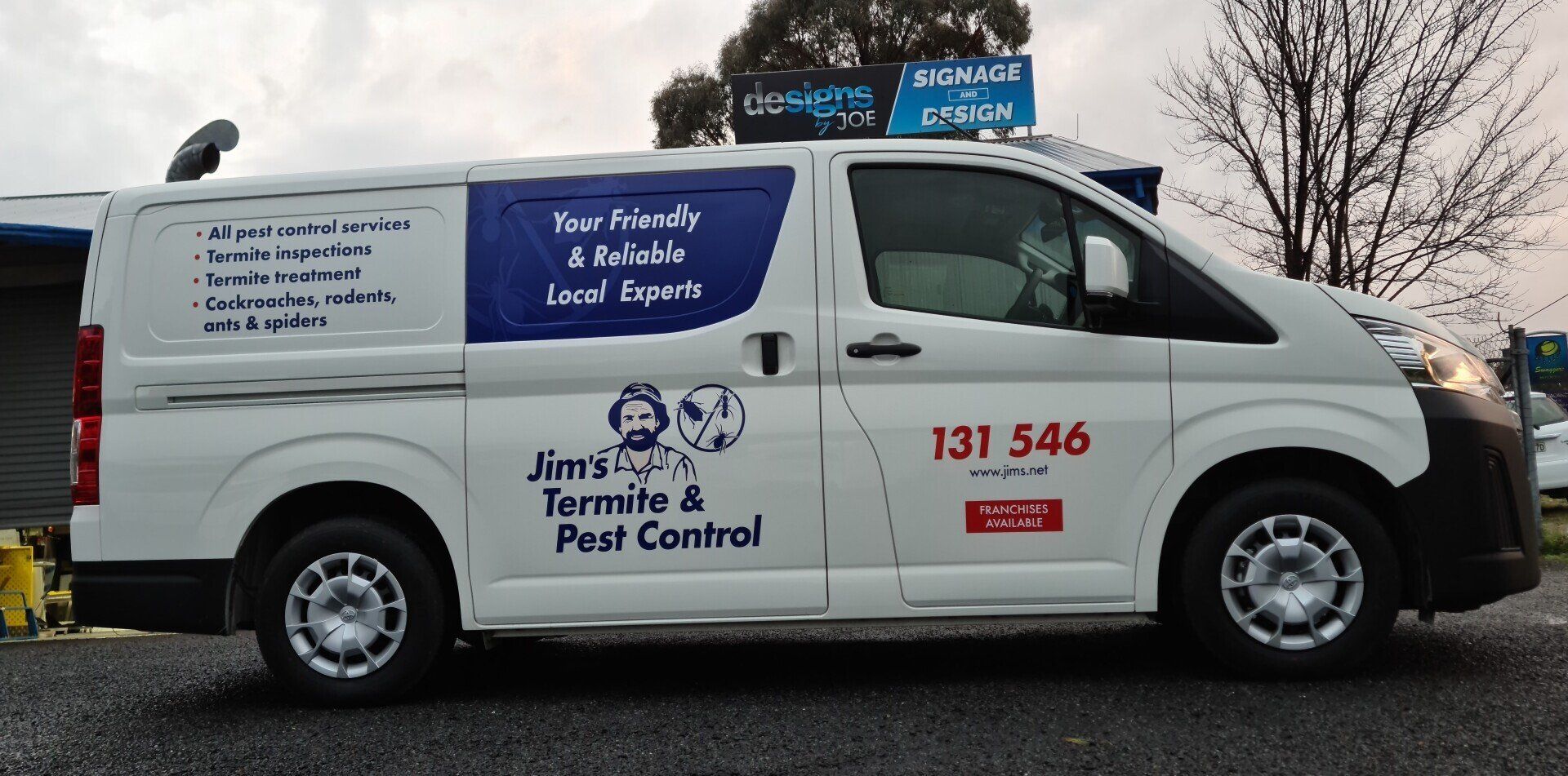 Jim's Termite and Pest Control vehicle signage