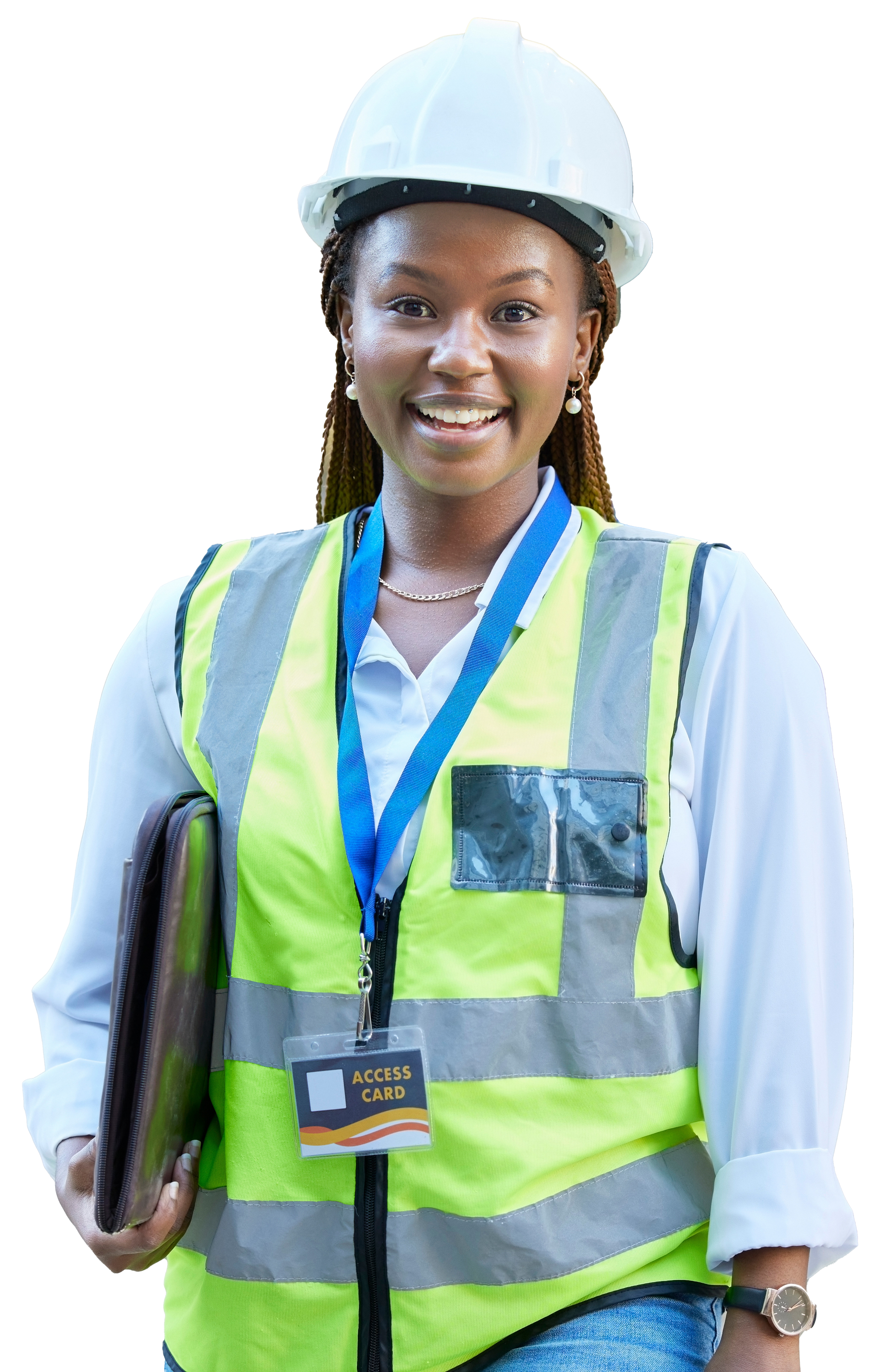 a woman wearing a hard hat and safety vest is holding a briefcase .
