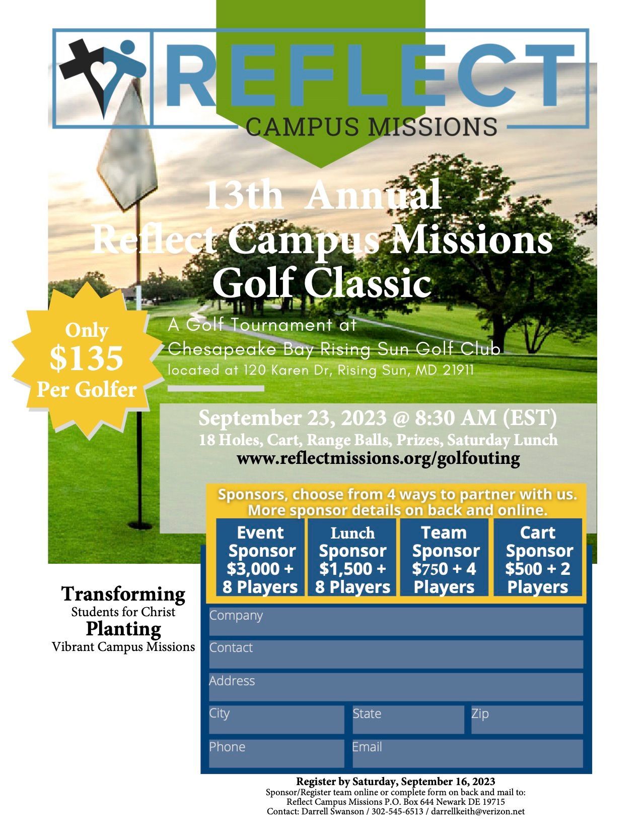 A poster for the 13th annual reflect campus missions golf classic