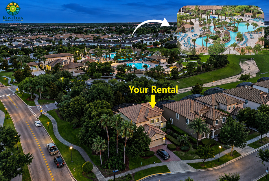 Aerial view of a suburban neighborhood with a yellow “Your Rental” label pointing to a house cluster.