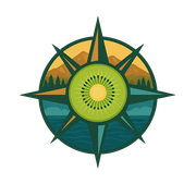 Stylized compass rose with green, teal, and gold circular center and starburst points