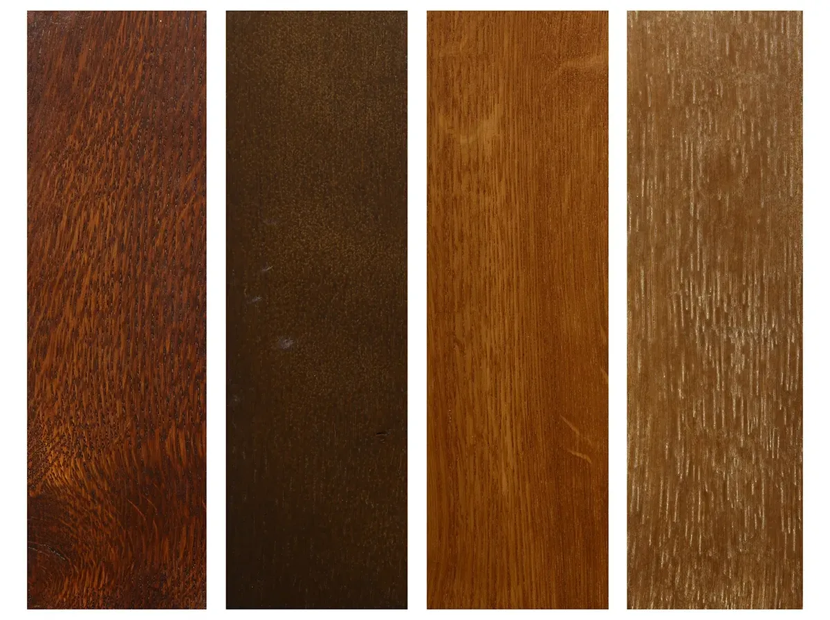 Side-by-side comparison of four types of mahogany wood showing different color and grain varieties.