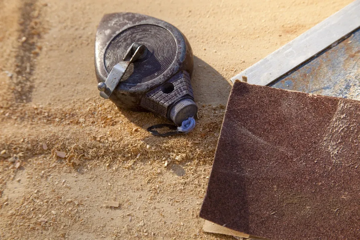 Chalk line laying on the floor next to a sheet of sand paper.