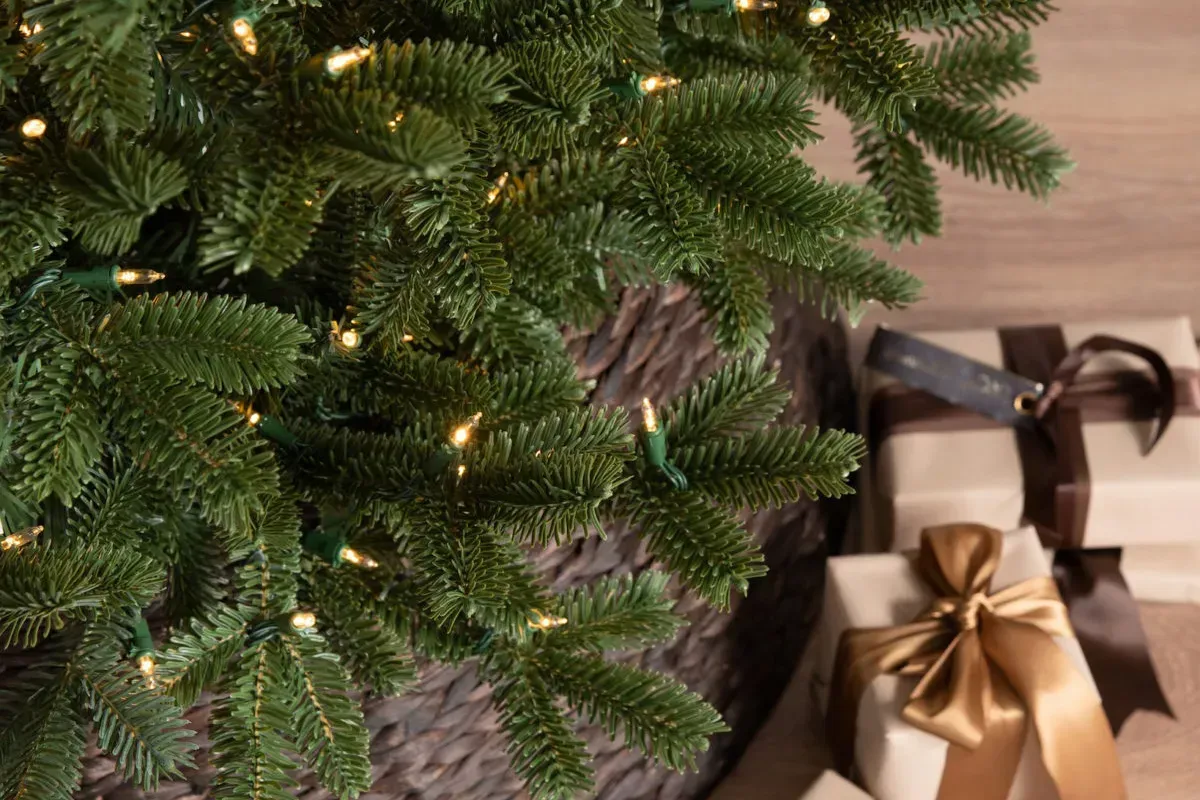 Close up of a Christmas tree standing on a hardwood floor.