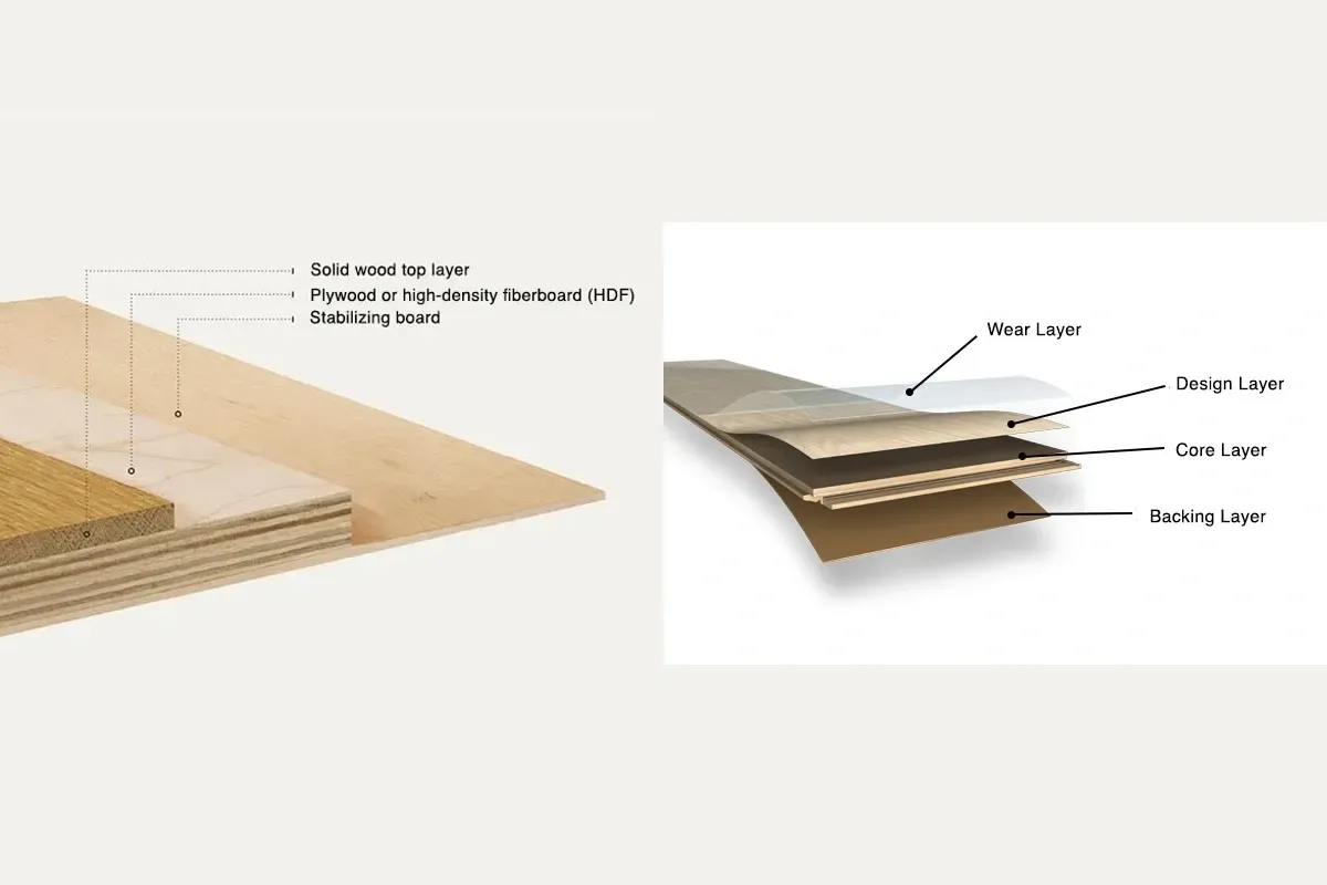 Engineered wood flooring layers vs laminate flooring side by side comparison.