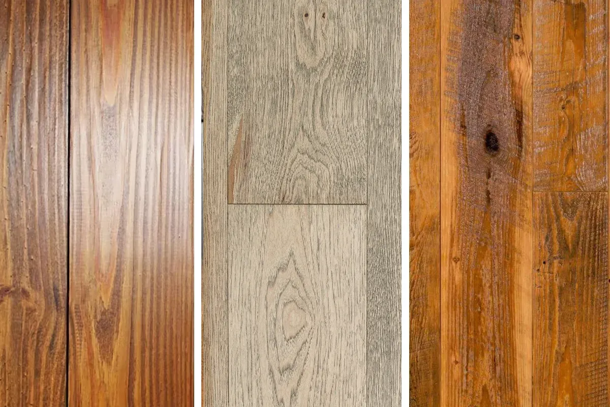 Comparison of hand-scraped, wire-brushed and distressed hardwood flooring.