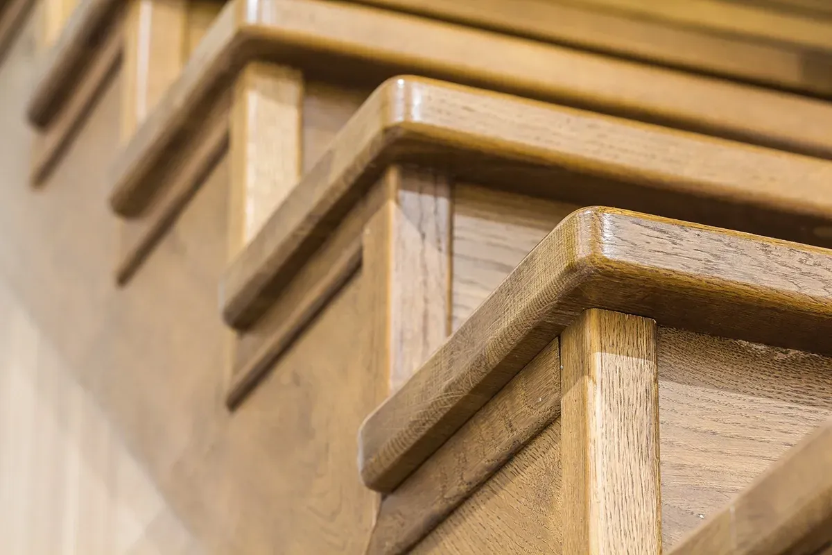 Hardwood stairs closeup.