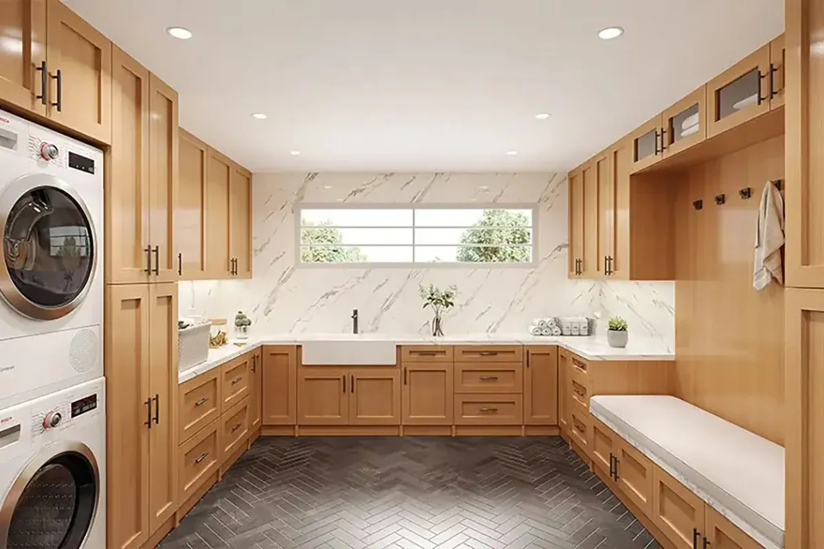 Luxury vinyl flooring in laundry room.