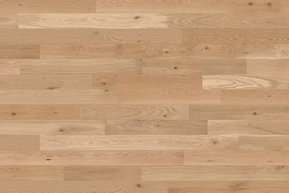 Detailed view of Mirage pre-finished hardwood flooring, Collection: Blanc, natural white oak.