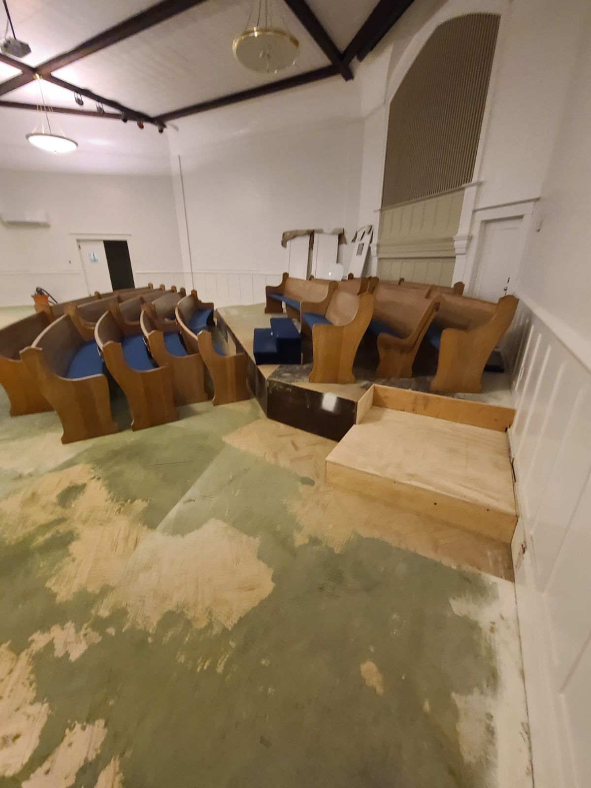Right  side of the church stage before flooring installation.