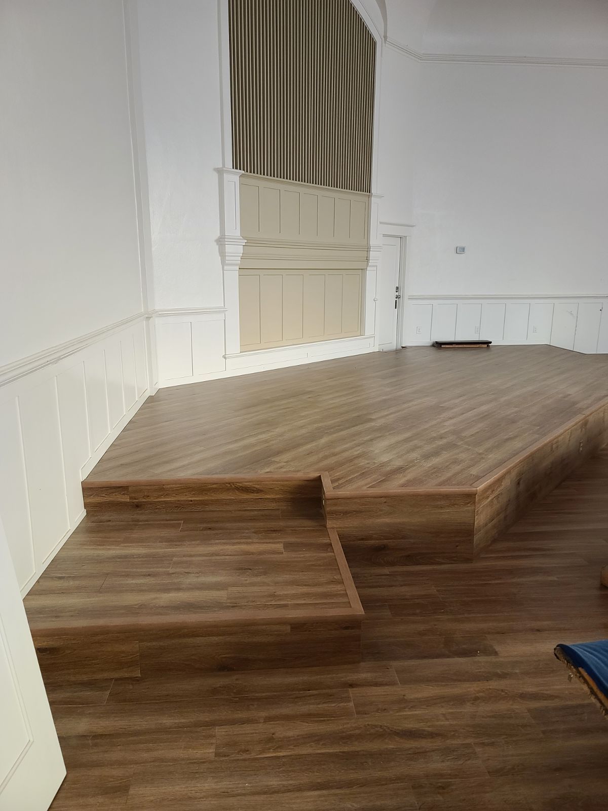 Left side of the church stage after flooring installation.