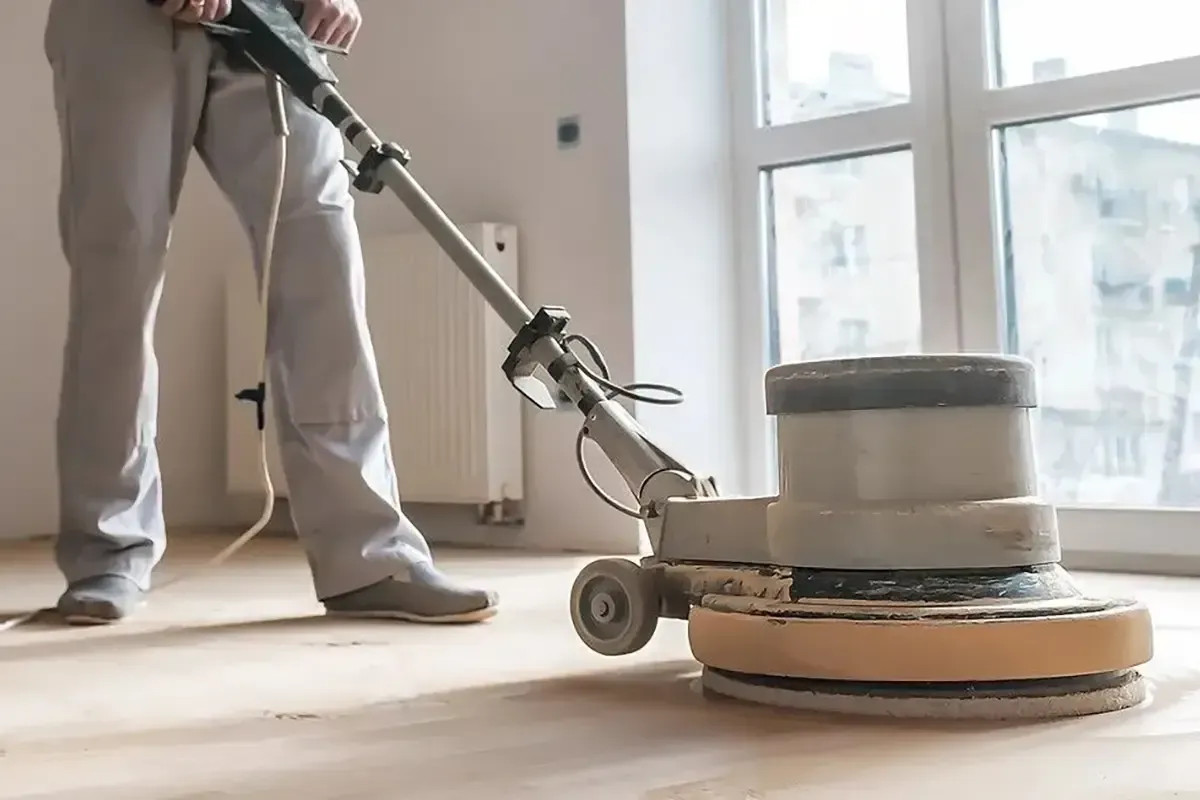 Man refinishing hardwood floors.