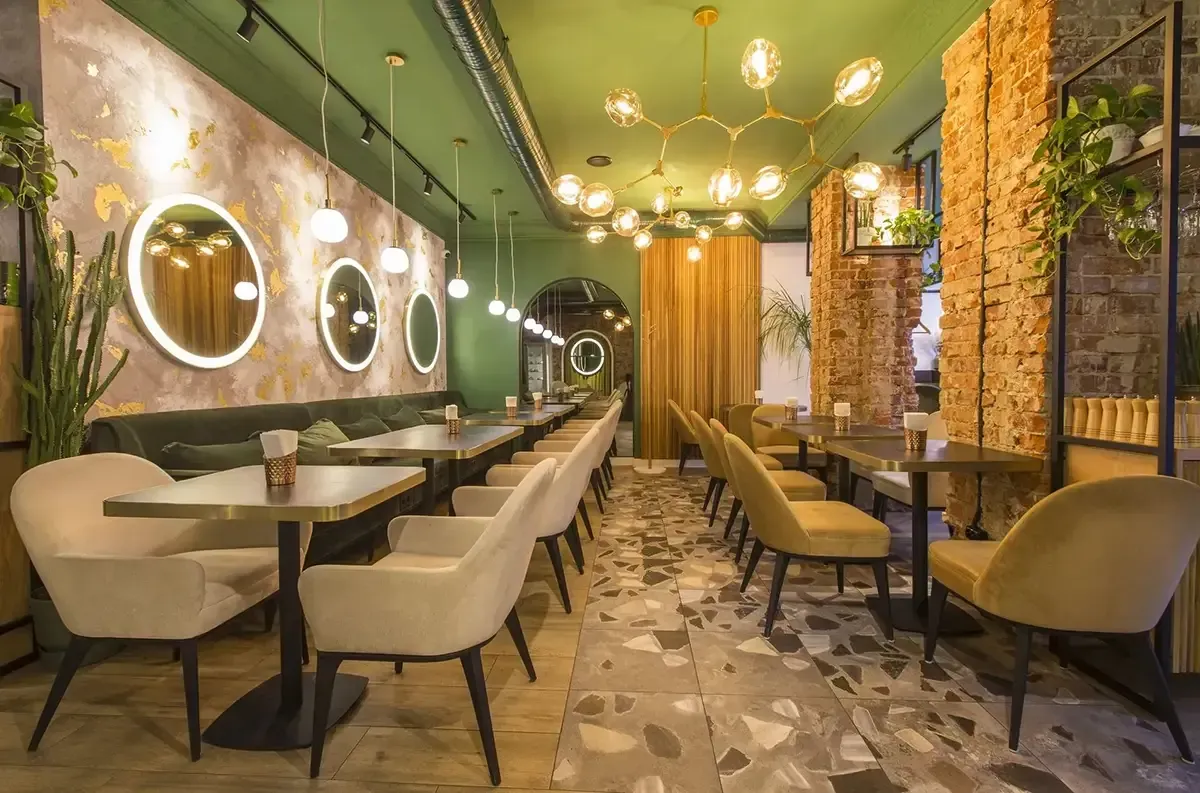 Restaurant flooring example showing a mix of tile and wood.