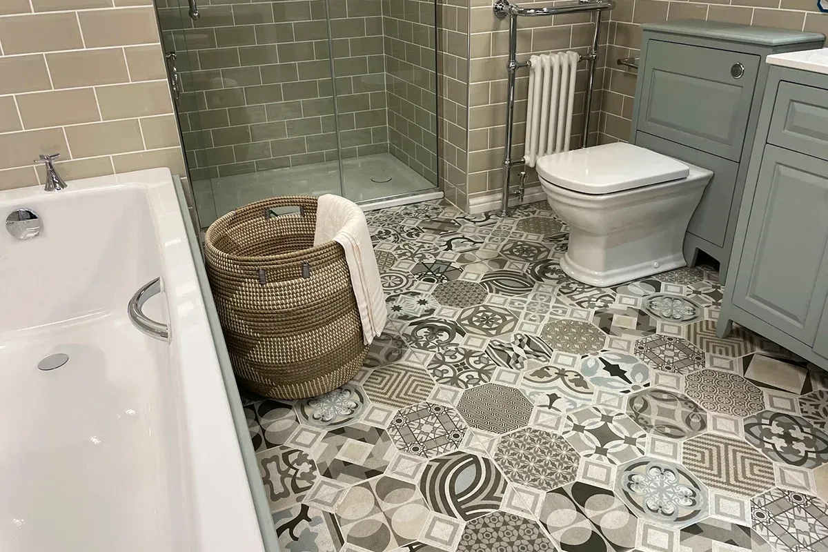 Example of a small bathroom flooring idea that makes a space feel bigger.