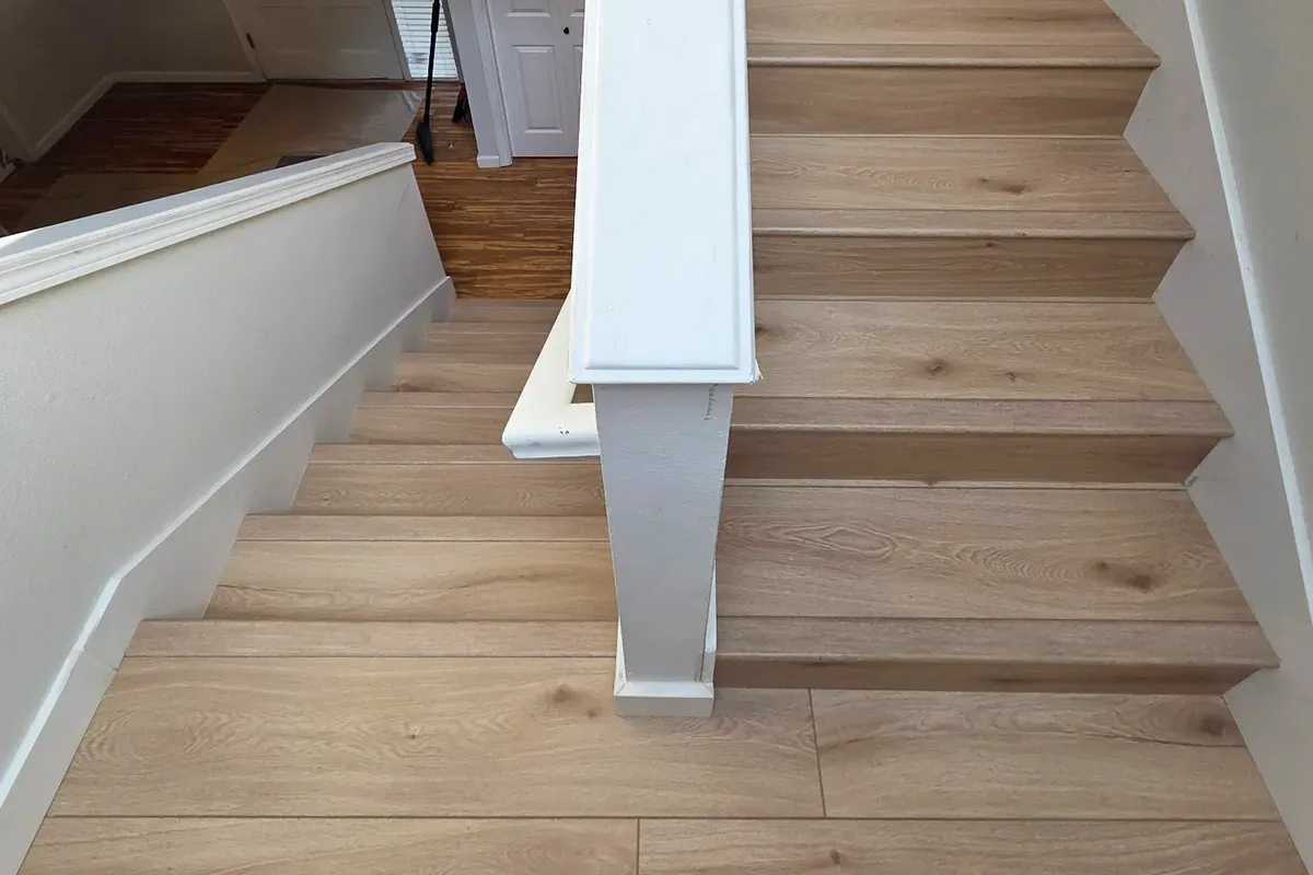 Audacity French White Oak flooring on a staircase.