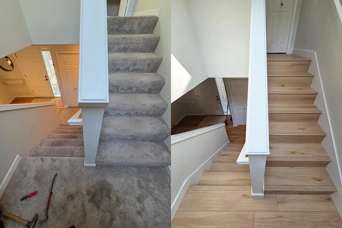 Staircase flooring installation before and after, side-by-side with the left side showing old carpet and the right side showing the new Audacity French White Oak.