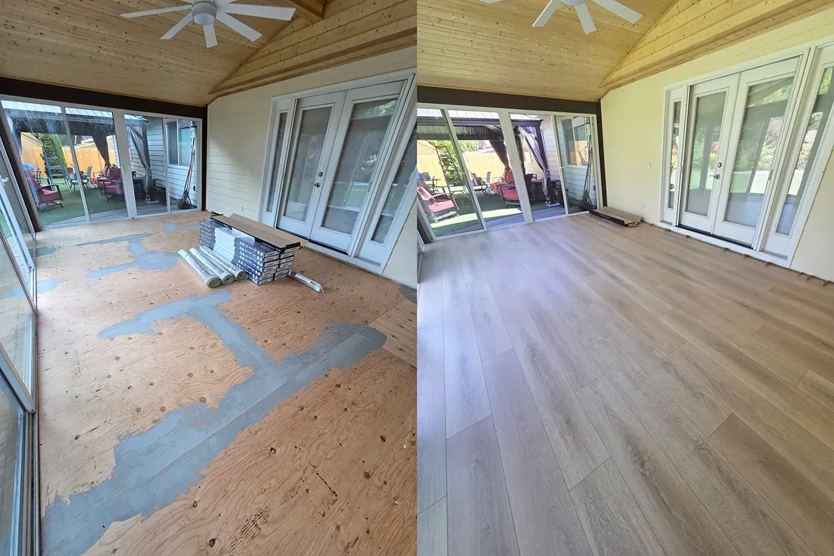 Lion's Floor flooring installation before and after photos side-by-side.