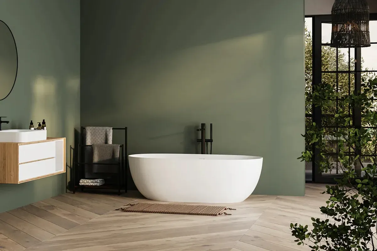 Vinyl flooring for bathroom with a white bath tub.