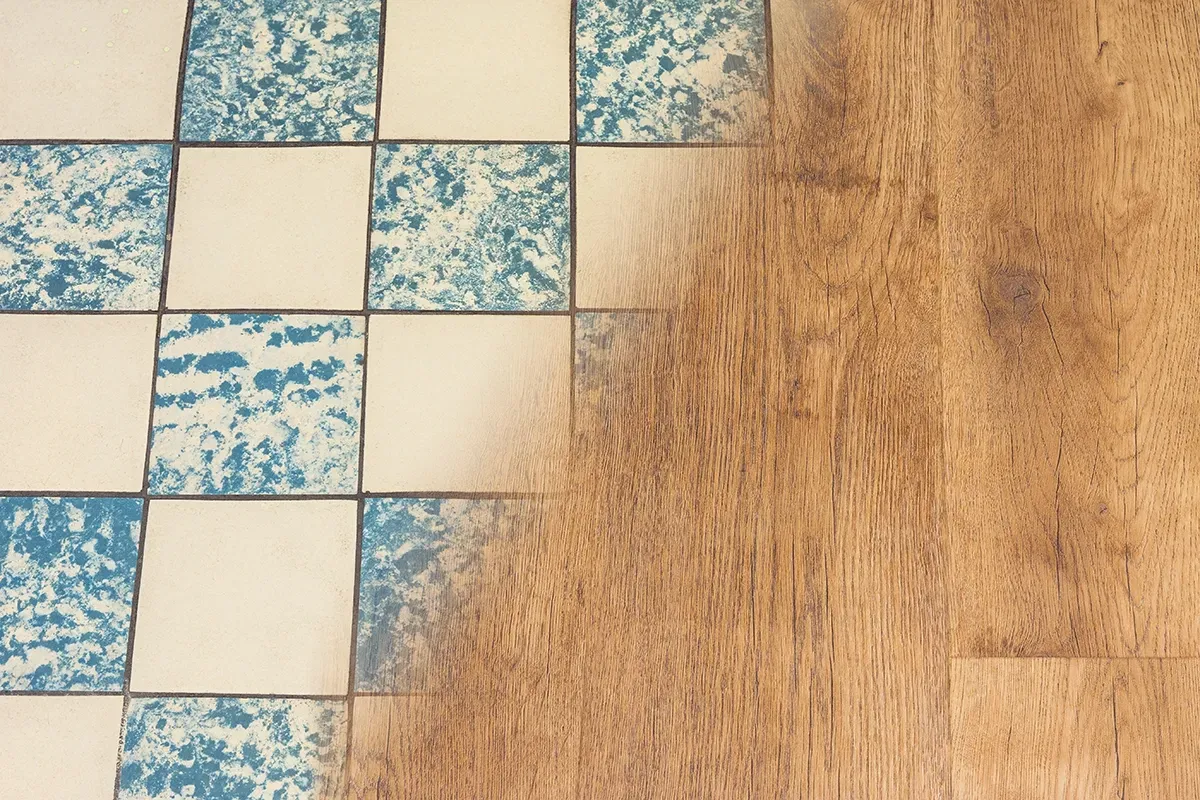 Vinyl flooring over tile.
