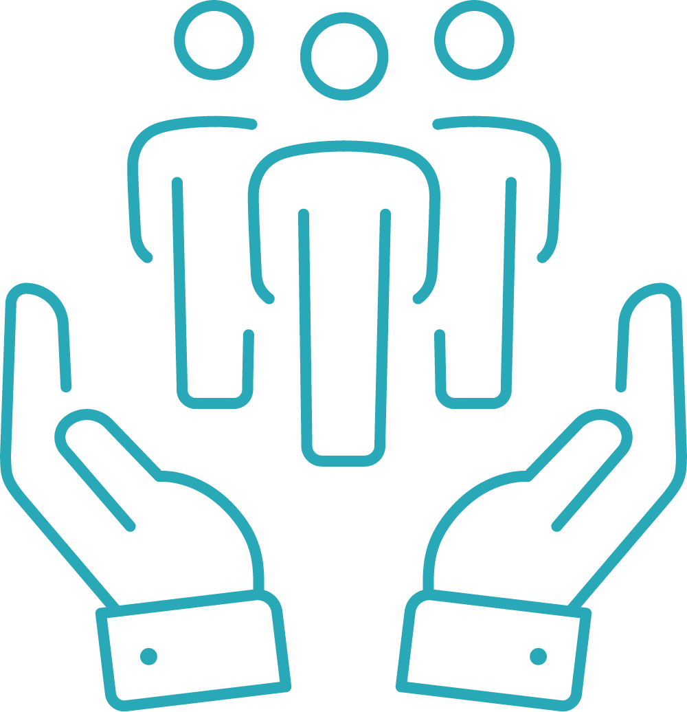 A line drawing of two hands holding a group of people.