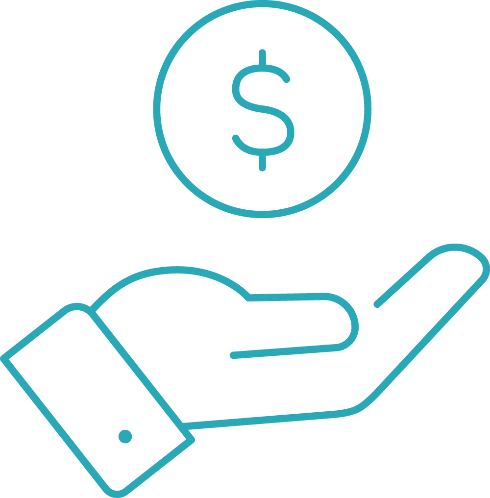 A line drawing of a hand holding a dollar coin.